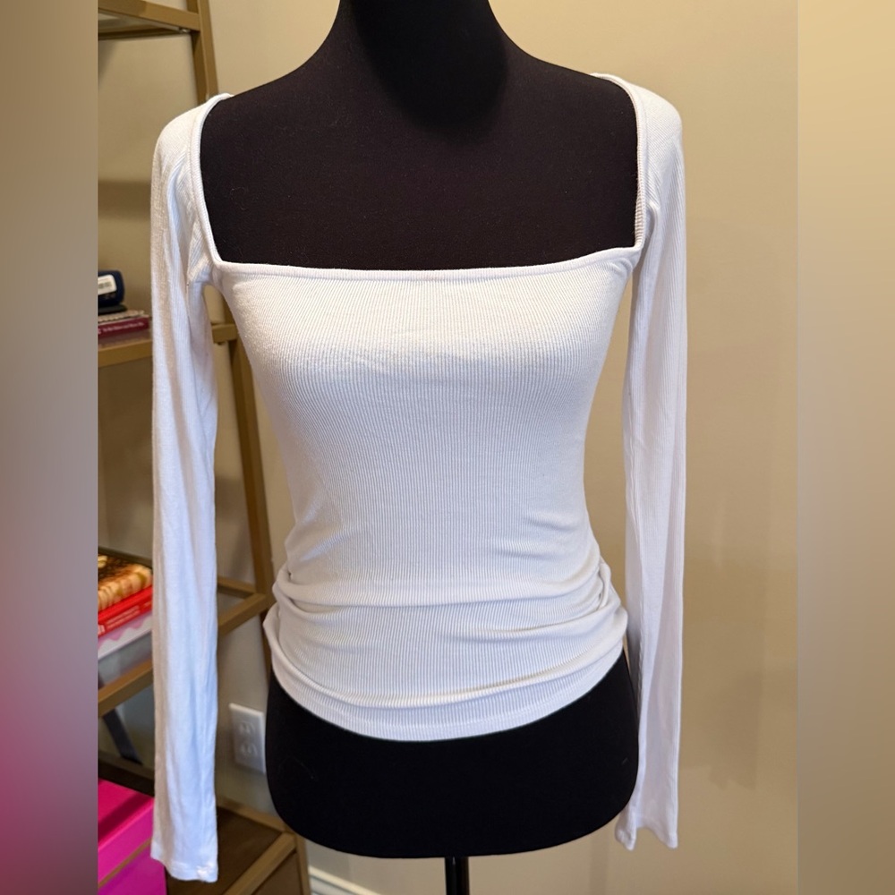 Joah Brown White Square Neck Long Sleeve Ribbed Top Fitted Stretch S - Picture 2 of 6